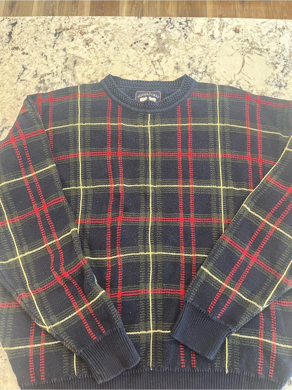 Woods & Gray Navy Plaid Crewneck Sweater with Red & Yellow Windowpane